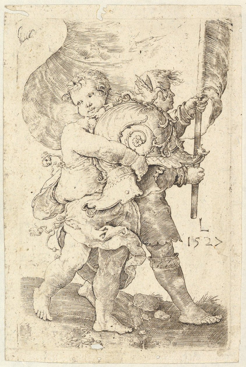 Kasklı ve Standart İki Erkek Çocuk, 1527. by Lucas van Leyden