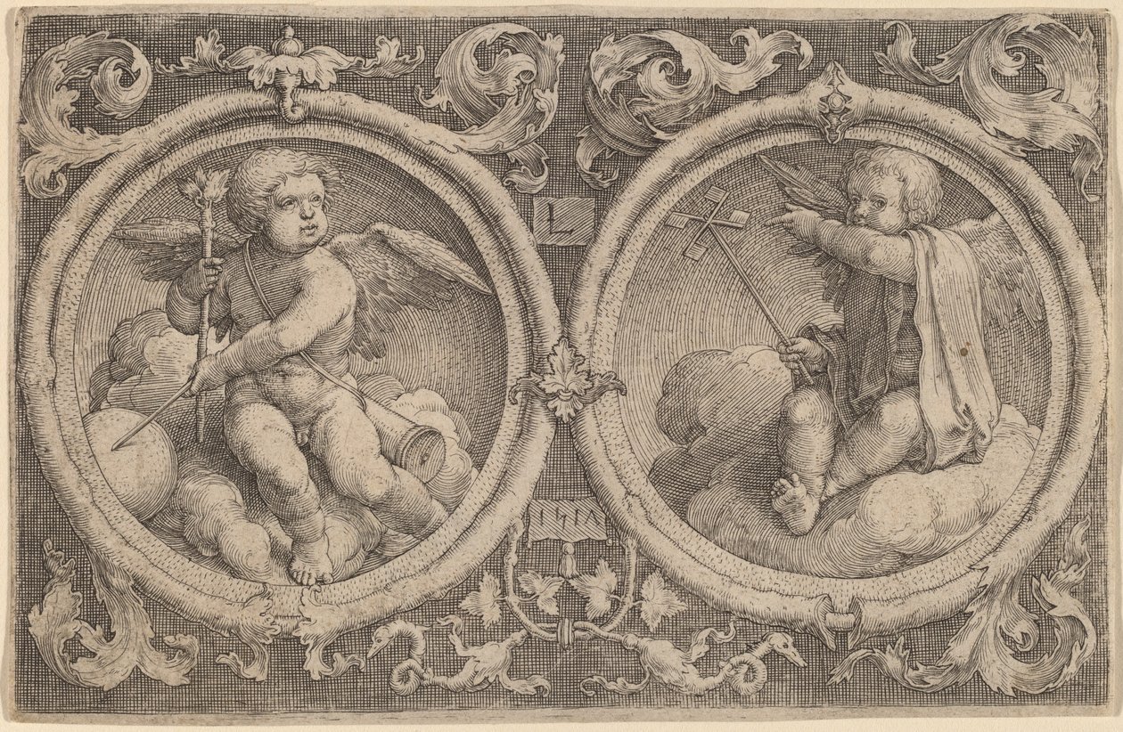 Bulutların üzerinde iki daire içinde oturan iki aşk tanrısı by Lucas van Leyden