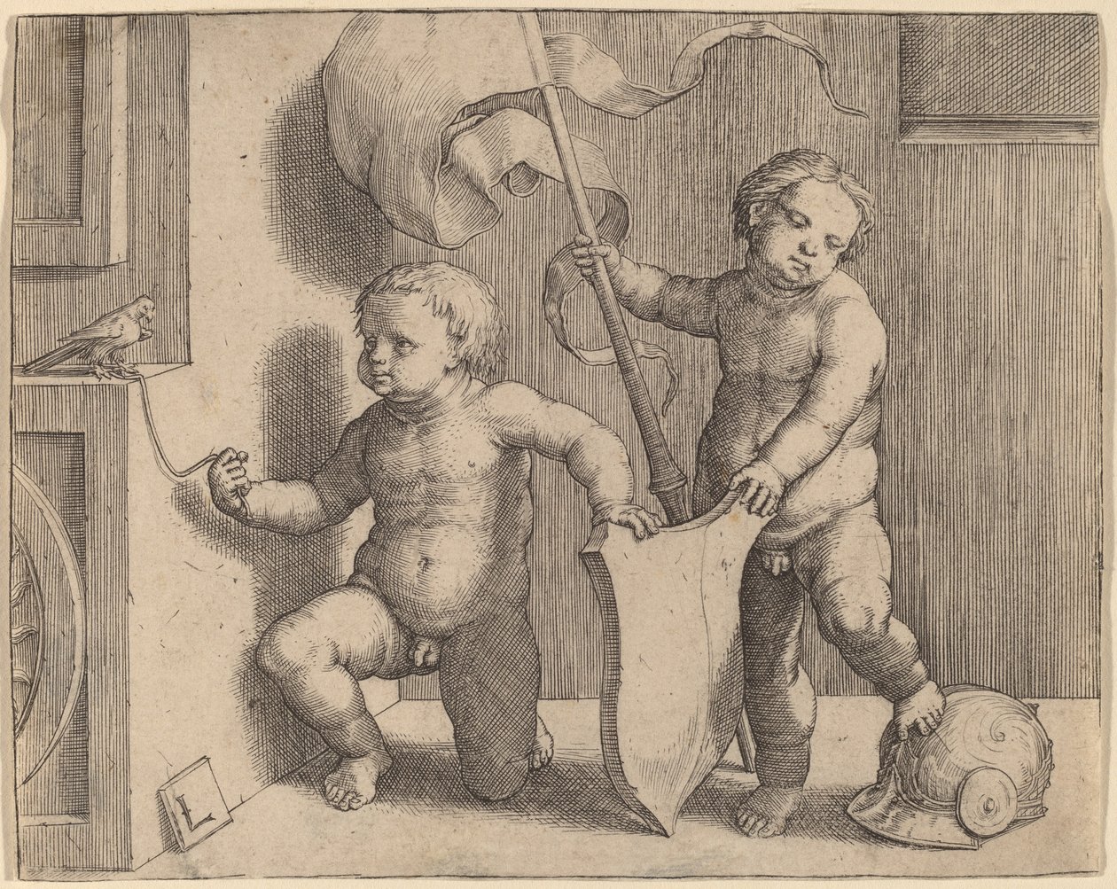 Boş Kalkanı Destekleyen İki Çıplak Çocuk by Lucas van Leyden