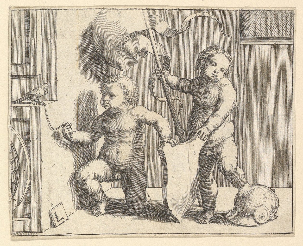 Boş Kalkanı Destekleyen İki Çıplak Çocuk, ca. 1510. by Lucas van Leyden