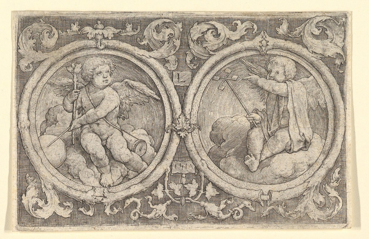 Bulutların İçinde Tendrils ile Dairelerde Oturan İki Putti, 1517. by Lucas van Leyden