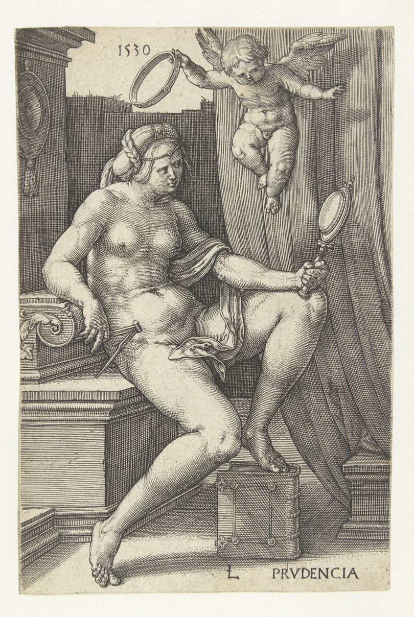 Dikkat Prudencia (nesne üzerindeki başlık) Yedi Erdem (dizi başlığı) by Lucas van Leyden