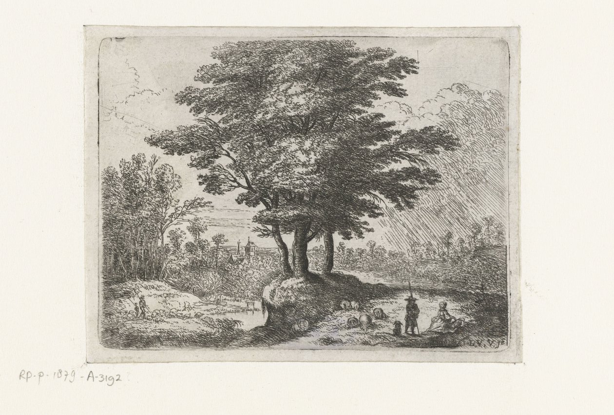 Üç ağaç, koyunlu bir çoban ve bir köpek Küçük manzaralar (dizi başlığı) by Lucas van Uden