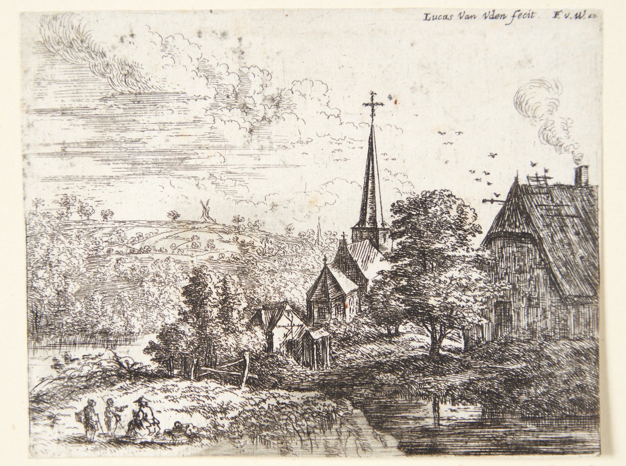 Nehir kenarındaki köy, ön planda üç figür by Lucas van Uden