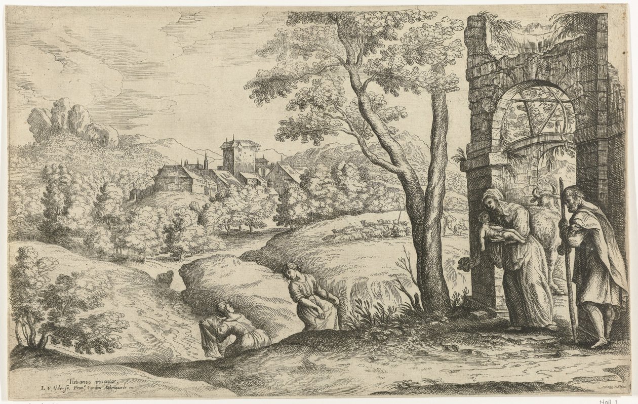 Kutsal Aile ve İki Ebe ile Manzara by Lucas van Uden