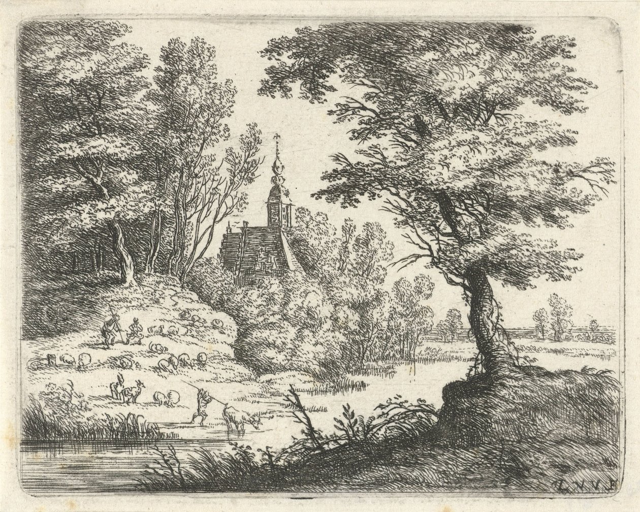 Nehir kenarında çobanlar ve sığırlarla manzara Küçük manzaralar (dizi başlığı) by Lucas van Uden