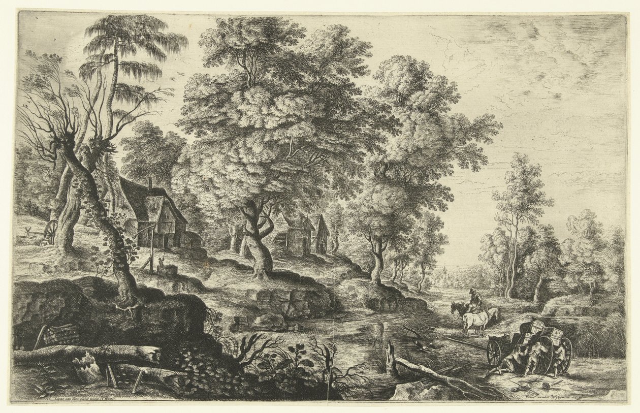 Bir arabayı iten adamlarla manzara by Lucas van Uden