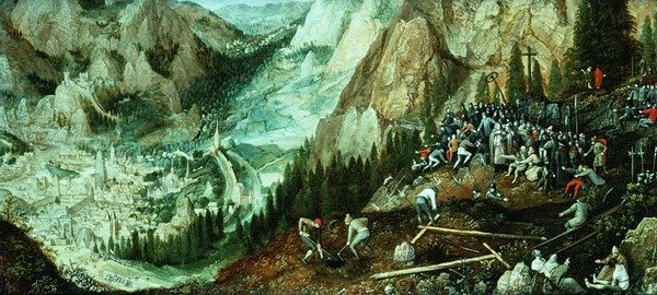 Kudüs ile manzara, Haç taşıyan İsa ve Calvary tepesinde hazırlıklar by Lucas van Valckenborch