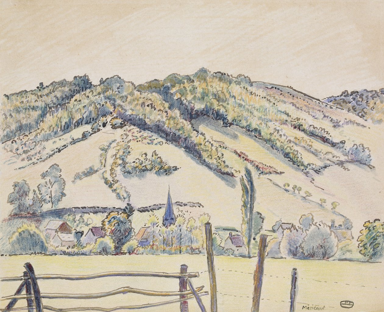 Méricourt, 1919 (beyaz kağıt üzerine kalem ve mürekkep ve renkli boya kalemleri) by Lucien Pissarro