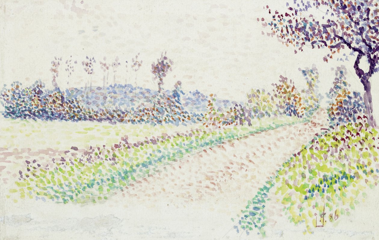 Eragny yakınlarındaki yol, 1886 (beyaz kağıt üzerine grafit üzerine sulu boya) by Lucien Pissarro