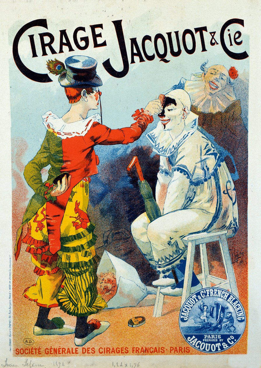 Jacquot cilası için reklam. Lehçe ile makyaj yapan iki palyaço. Lucien Lefevre (1850-?) tarafından çizim. 1894 Paris. Arts Decoratifs - Balmumu Jacquot için reklam: Lucien Lefevre tarafından ayakkabı cilası ile makyaj yapan iki palyaço by Lucien Lefevre