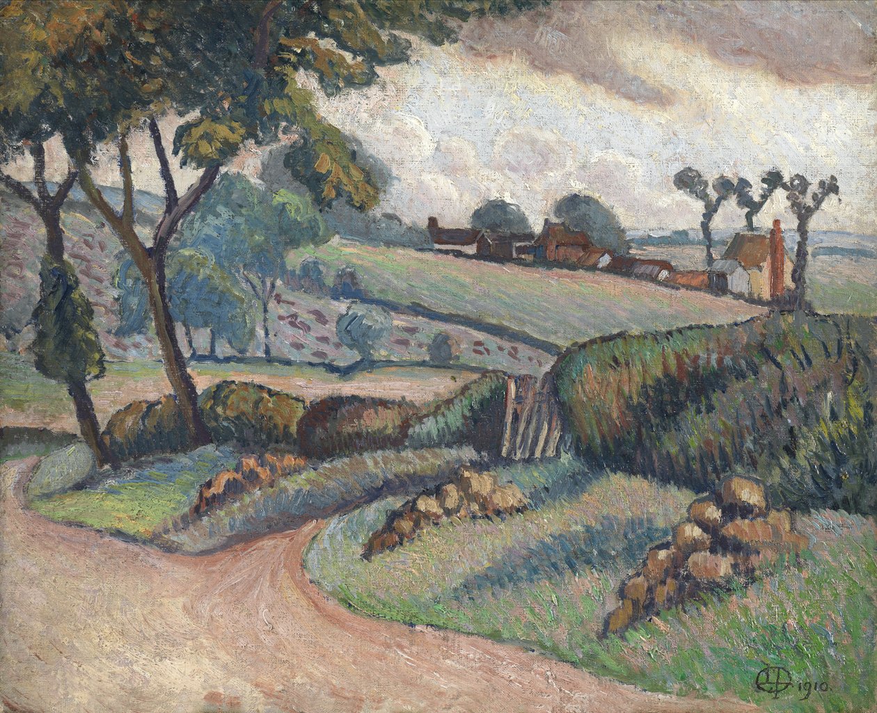Duton Hill, Essex, 1910 (gemiye serilmiş tuval üzerine yağlı boya) by Lucien Pissarro