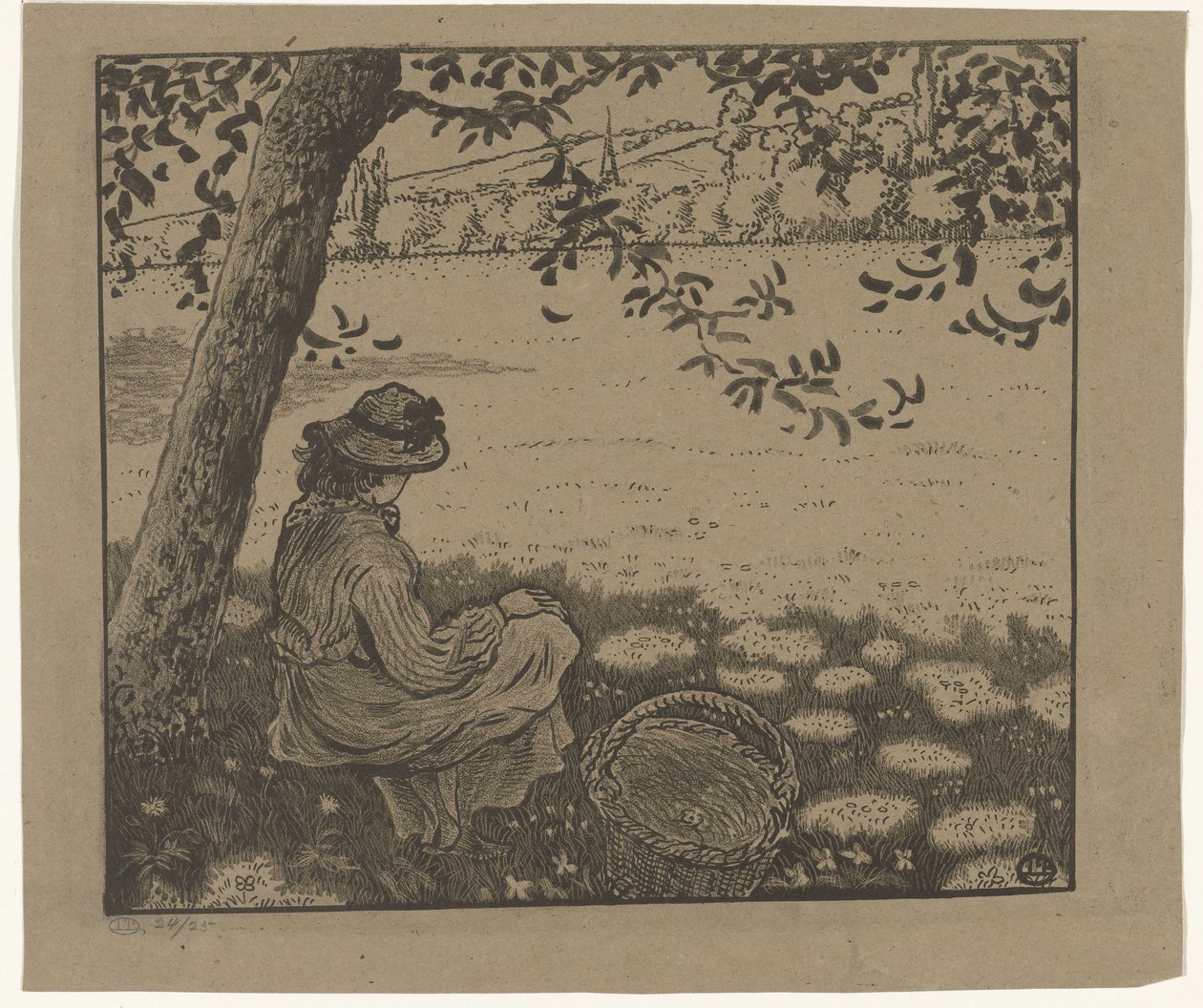 Kız bir çayırda bir ağacın altında by Lucien Pissarro