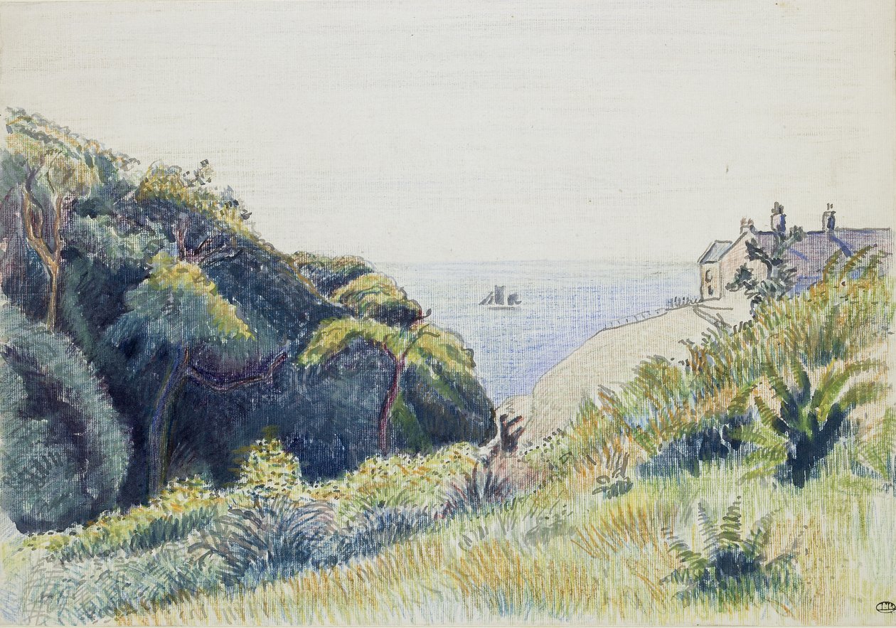The Coastguards House, Ecclesbourne, 1918 (pen and grey ink and coloured crayons on textured paper) by Lucien Pissarro