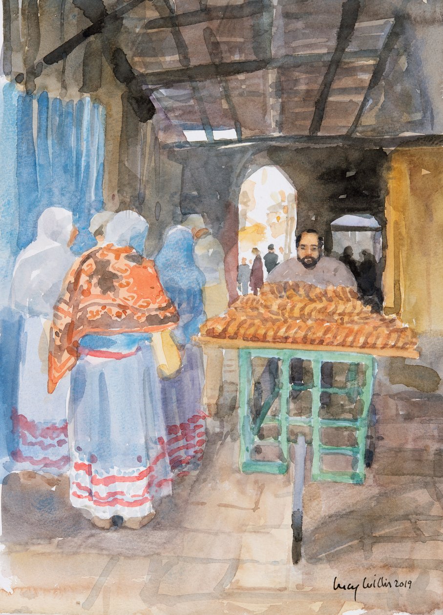 Eski Şehirde Simit Satıcısı, Kudüs, 2019 (kağıt üzerinde w/c) by Lucy Willis