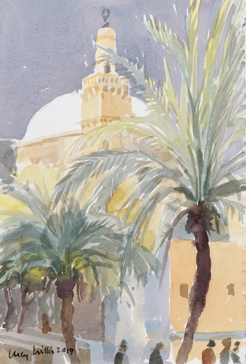 Old City Palms II, Kudüs, 2019 (kağıt üzerinde w/c) by Lucy Willis