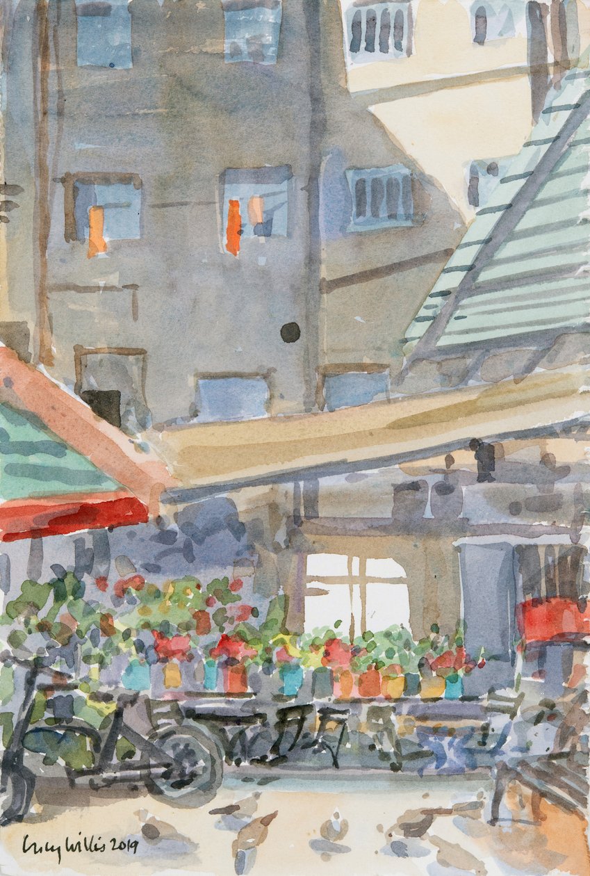 Orange Dusters Drying, Mahane Yehuda, Kudüs, 2019 (kağıt üzerinde w/c) by Lucy Willis