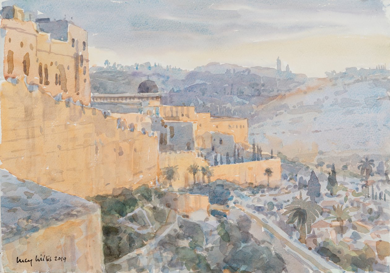Şehir Duvarında Gündoğumu, Kudüs, 2019 (kağıt üzerinde w/c) by Lucy Willis