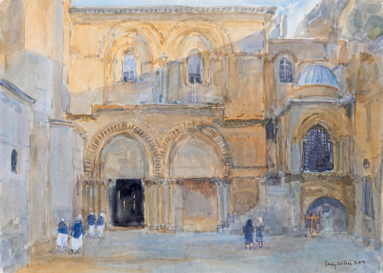 Şafakta Kutsal Kabir Kilisesi, Kudüs, 2019 (kağıt üzerinde w/c) by Lucy Willis