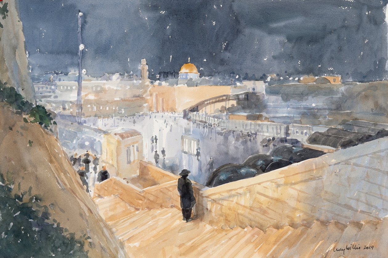 Ağlama Duvarı, Gece, Kudüs, 2019 (kağıt üzerinde w/c) by Lucy Willis