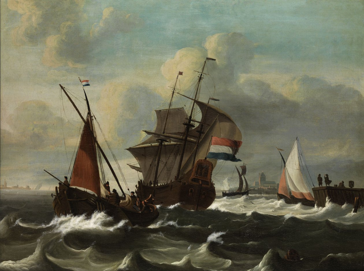 Hollanda bayraklı üç ustalı denizcilik parçası by Ludolf Bakhuizen