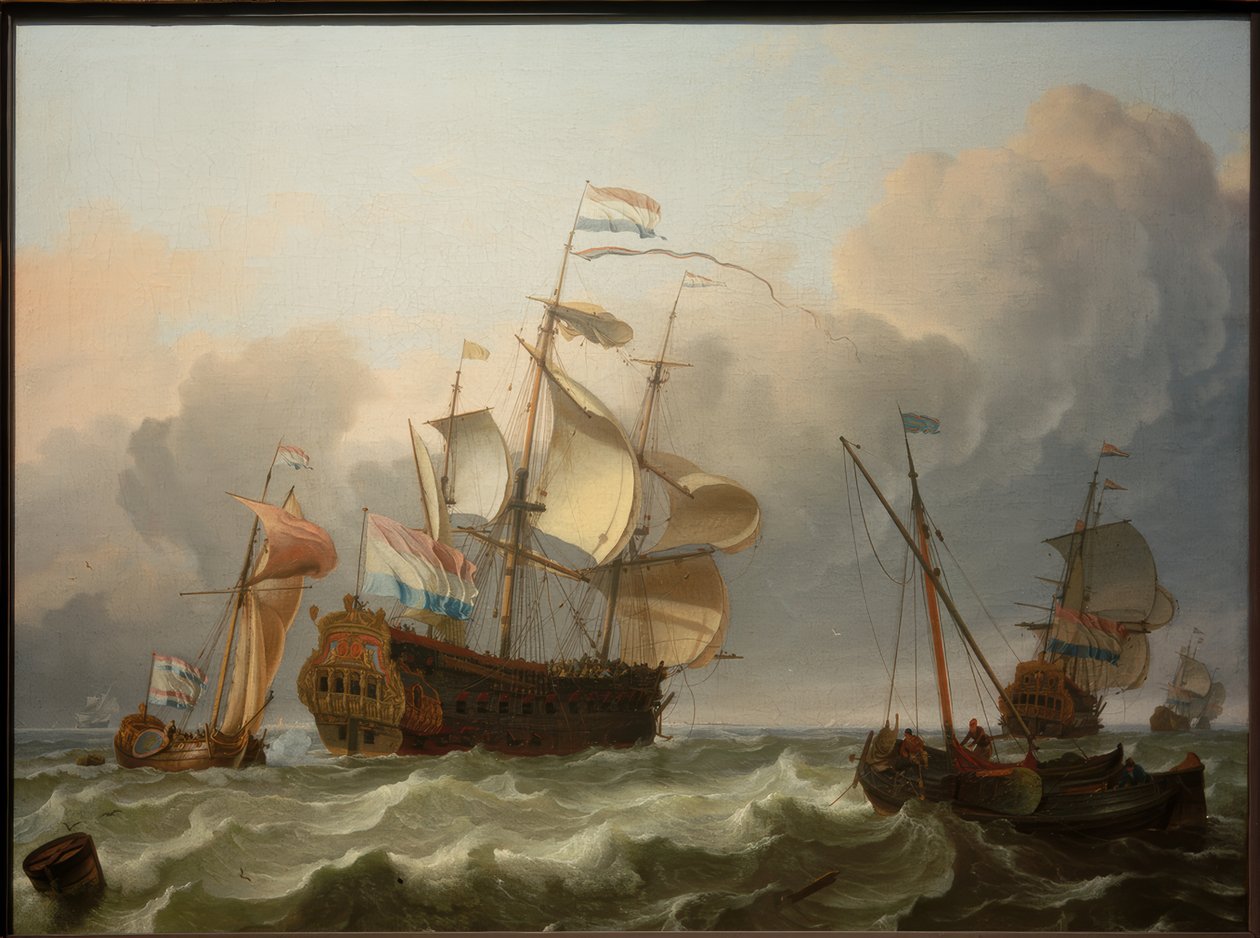 Kıç önünde bir yat olan Hollandalı bir amiral gemisi by Ludolf Backhuysen