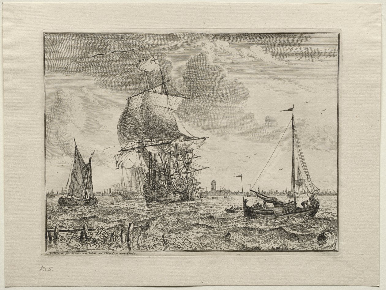 Uzakta Amsterdam ile Deniz Manzarası by Ludolf Backhuysen