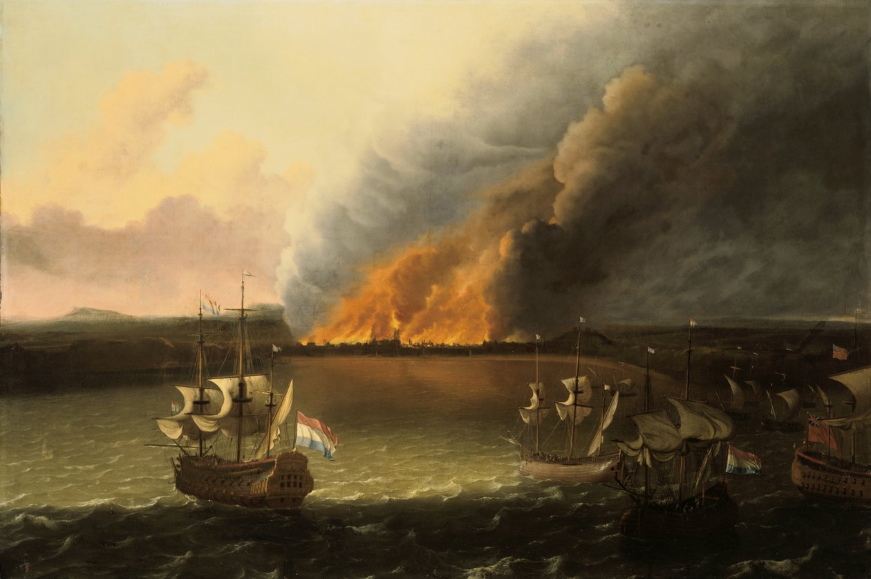 Uzakta bir ateş olan deniz manzarası, 1667 by Ludolf Backhuysen I