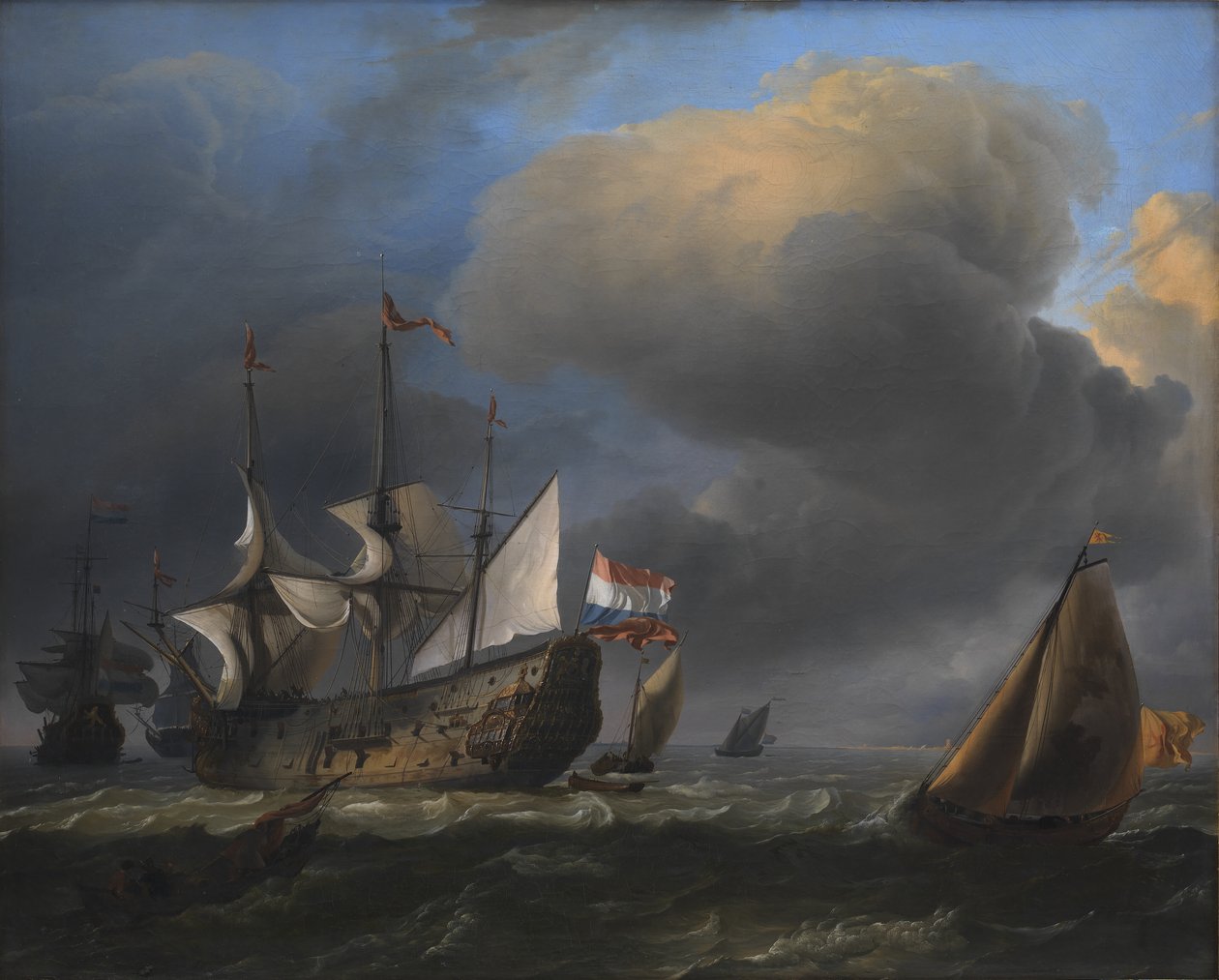 Hollandalı Savaş Adamları ve Balıkçı Tekneleri ile Deniz Manzarası by Ludolf Bakhuizen
