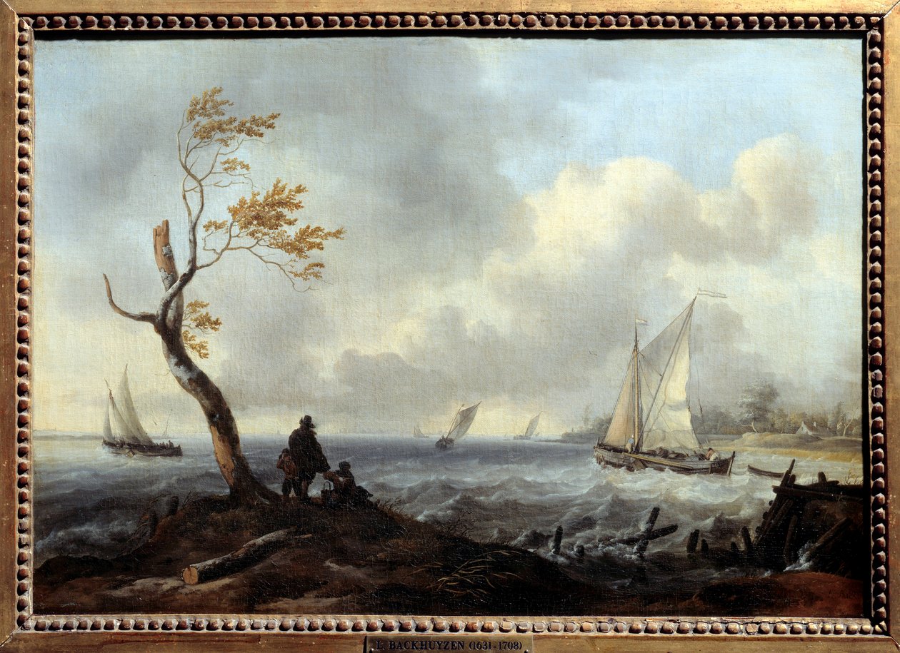 Kötü hava veya fırtınada balıkçı teknesi ve kıyı teknesi Boyama Ludolf Backhuysen (1631-1708) by Ludolf I Backhuysen