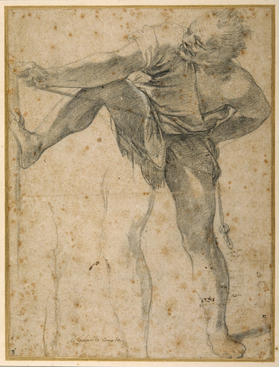 Adam bir ip çekiyor, sol bacağı ikinci kez prova yapıyor (kağıt üzerinde siyah tebeşir) by Ludovico Carracci