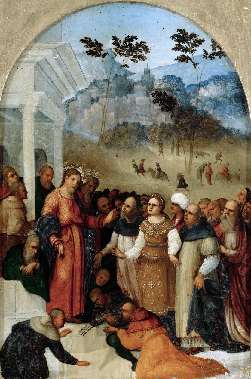 İsa ve Zina Edilen Kadın, c. 1527. by Ludovico Mazzolino