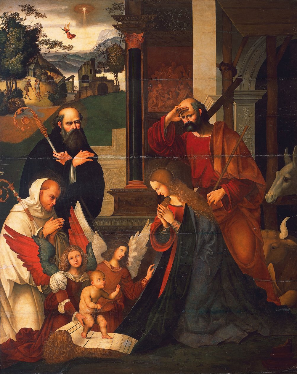 St Bernard ve St Alberico ile Doğuş, yaklaşık 1505-1510, yazan Ludovico Mazzolino (yaklaşık 1480-ca 1530), tuval üzerine yağlı boya, 219x176 cm by Ludovico Mazzolino