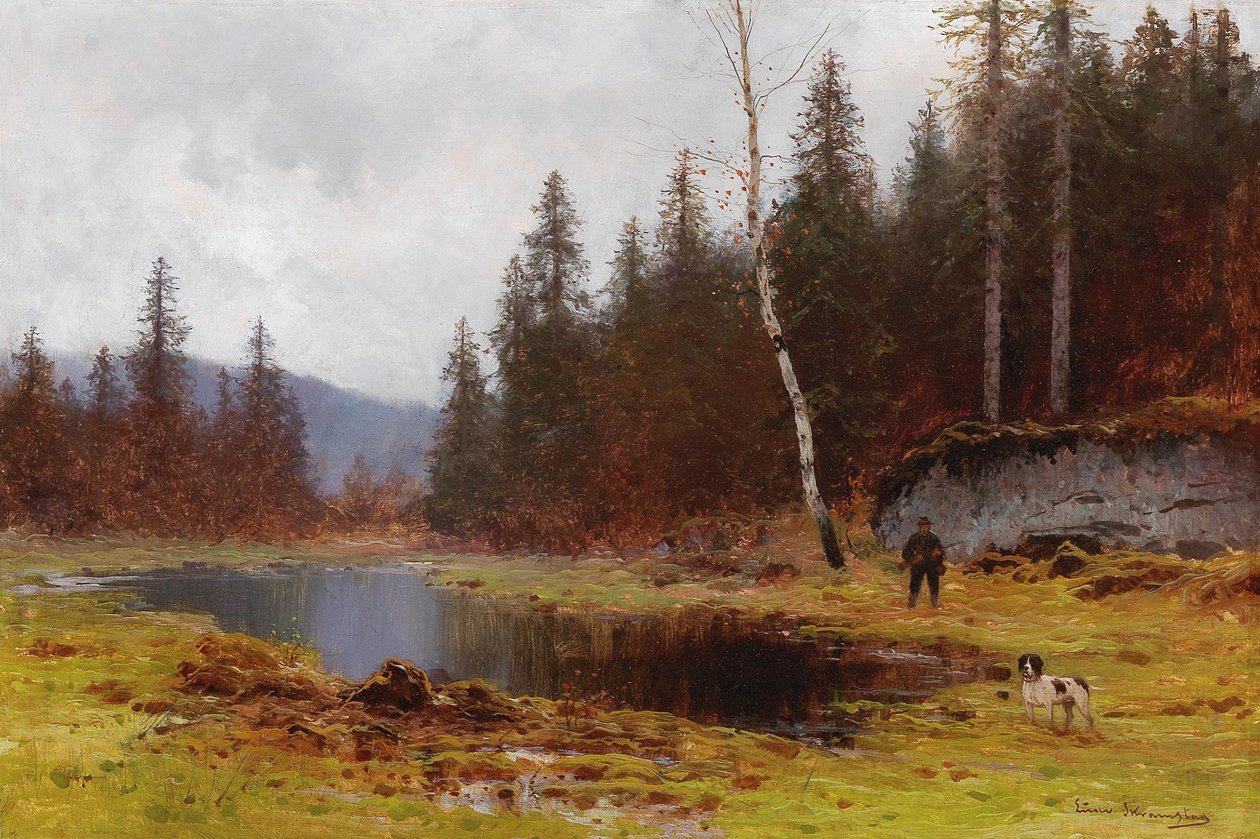 Göl kenarında avcı by Ludvig Skramstad
