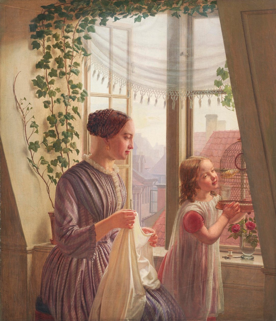 Bir pencerenin yanında anne ve kızı ile iç mekan, 1853 by Ludvig August Smith
