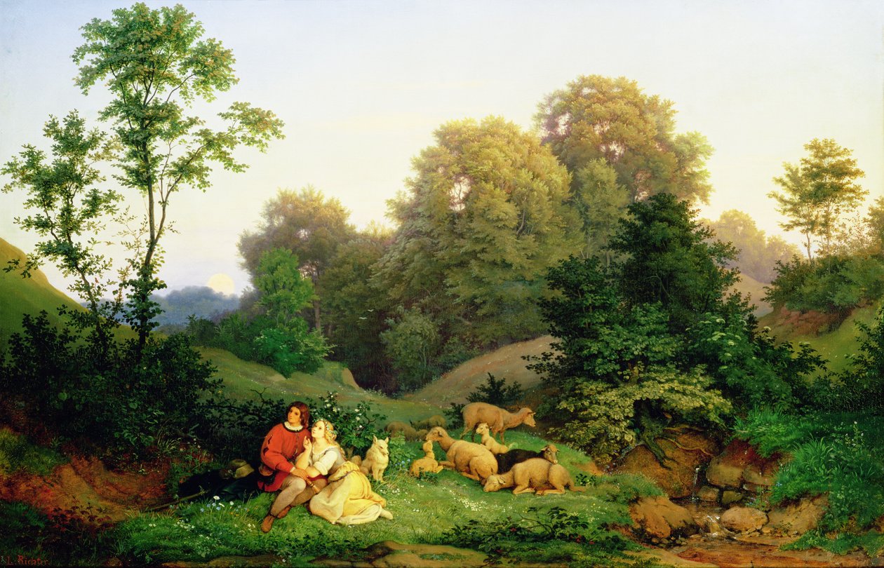 Shepherd and Shepherdess in a German landscape, 1844  by Ludwig Adrian Richter