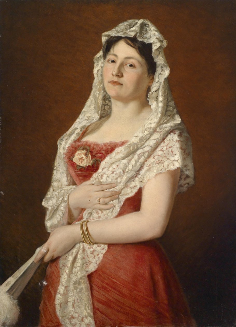 Beyaz dantel mantillalı ve fanlı bir bayanın portresi. by Ludwig Gloss