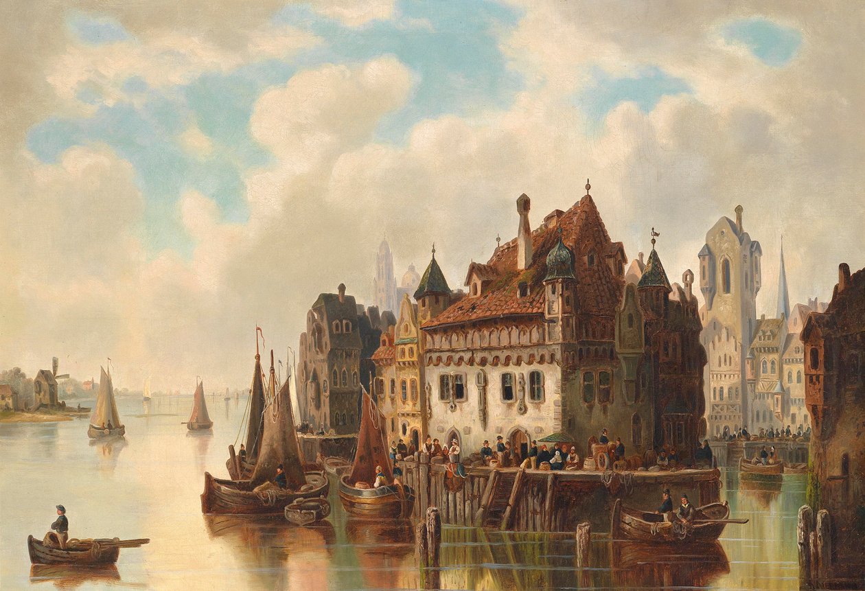Nehir üzerinde bir şehrin fantezi görünümü by Ludwig Hermann