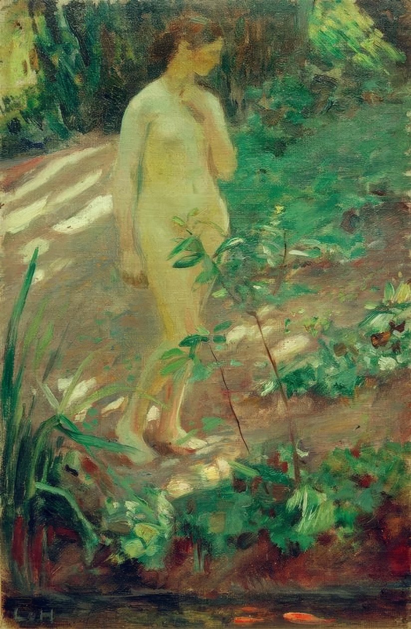 su kenarında çıplak kadın by Ludwig von Hofmann