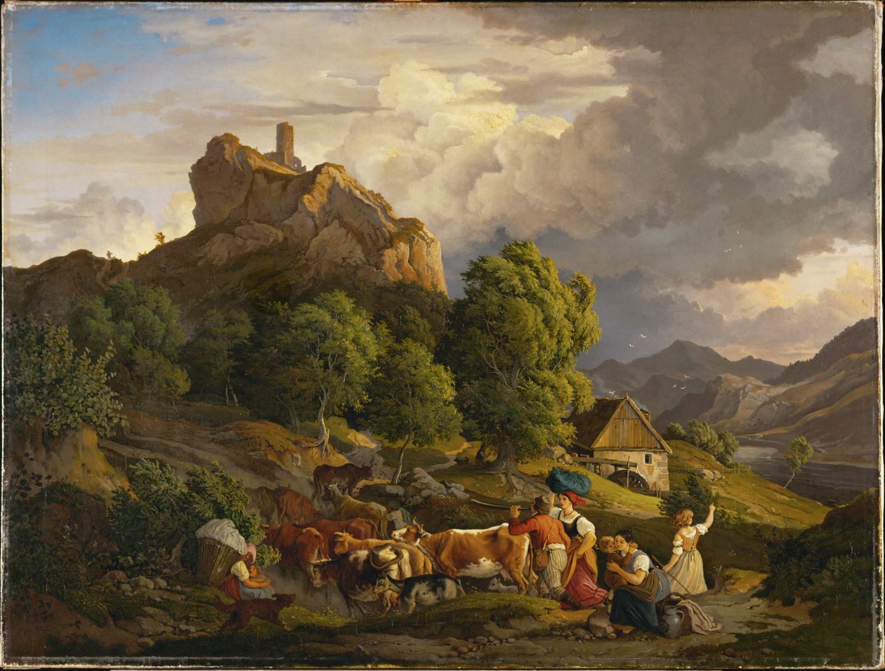 Sürü ve bir kale harabesi ile mera (resim) by Ludwig Adrian Richter