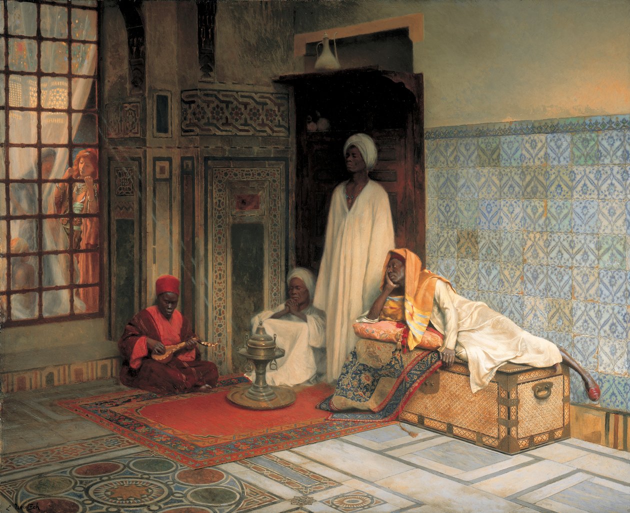 Harem Muhafızları (panelde yağlı boya) by Ludwig Deutsch