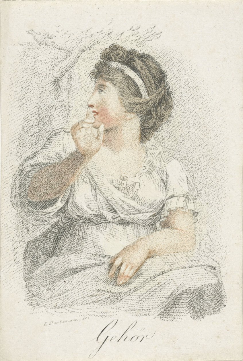 işitme İşitme (nesne üzerindeki başlık) Kadın figürleriyle temsil edilen beş duyu (dizi adı) Die Funf Sinne (dizi adı) by Ludwig Gottlieb Portman