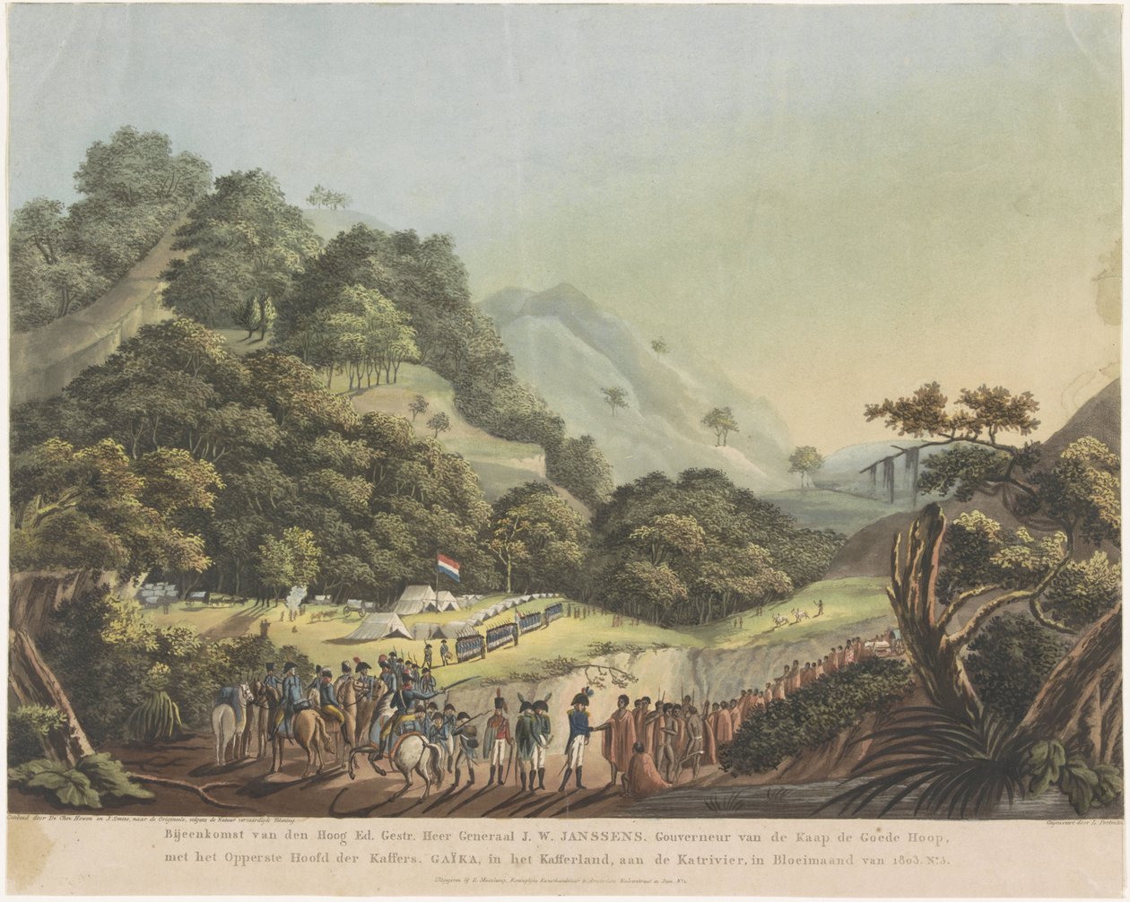 Genel Vali Janssens ve Xhosa lideri Gaika arasındaki toplantı, 1803 Van den Hoog Ed ile toplantı. Gest. Sir General JW Janssens. Kafirlerin Yüce Başkanı ile Ümit Burnu Valisi. Gaika, Kaffirland'de, Katri'de by Ludwig Gottlieb Portman