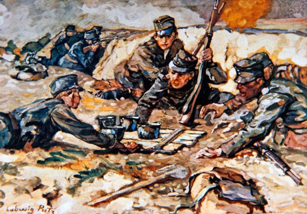 Rus topçularının ateşi altında Avusturya siperlerine erzak getirmek by Ludwig Putz