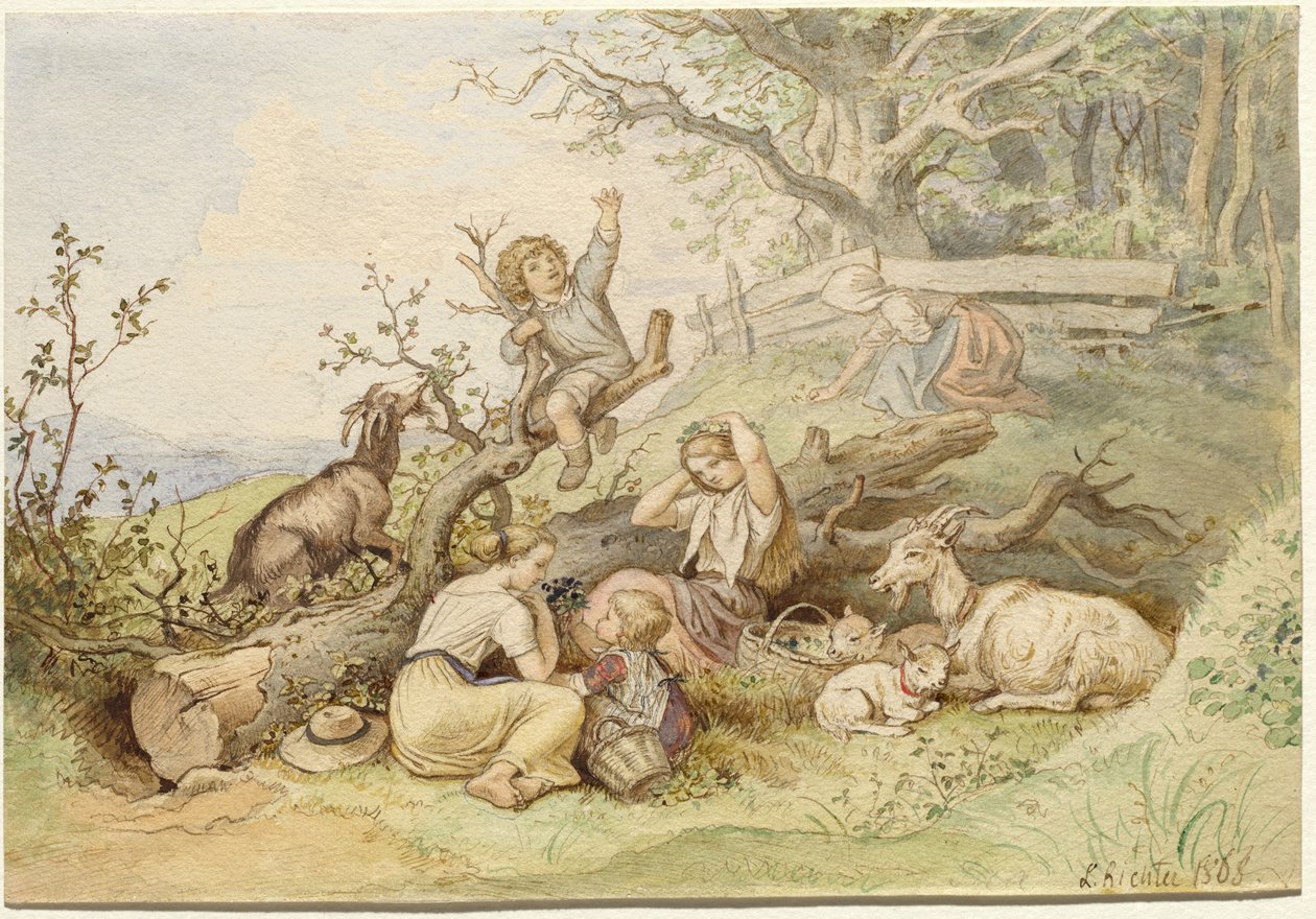 Kesilmiş Bir Ağacın Yanında Dinlenen Çocuklar ve Keçiler by Ludwig Richter
