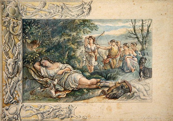 Uyuyan Diana ve Arkadaşları (kağıt üzerine grafit üzerine sulu boya) by Ludwig Sigismund Ruhl