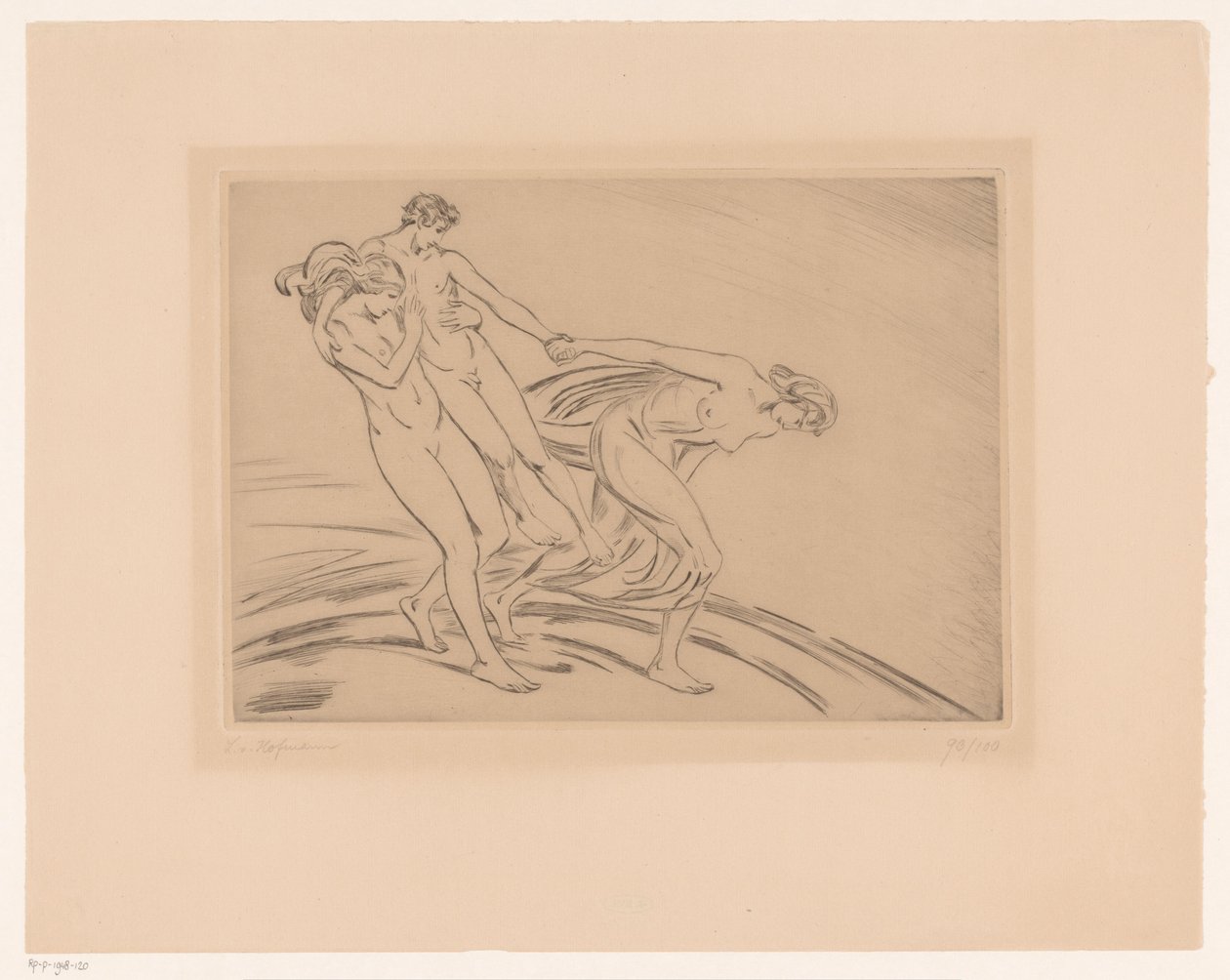 İki kadın bir adamı kaçırdı by Ludwig von Hofmann (signed by artist)