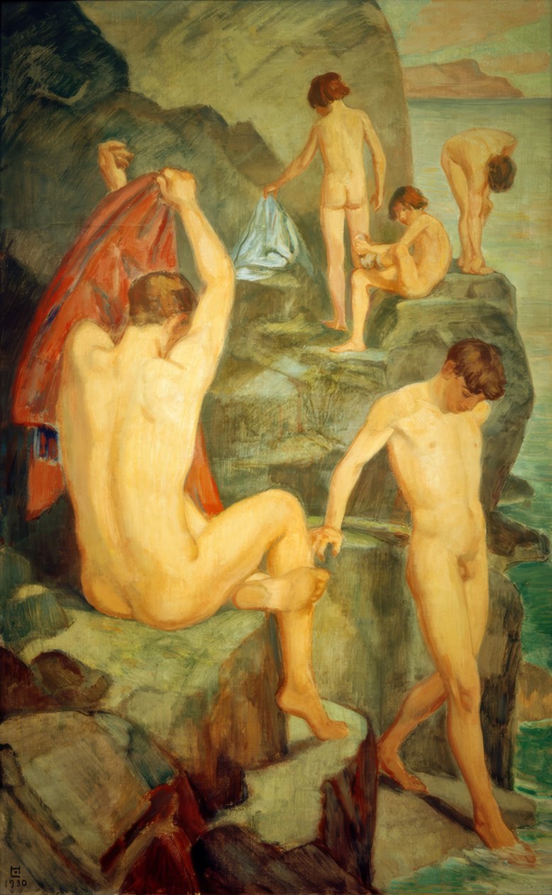 Siyah kayanın üzerinde yıkananlar by Ludwig von Hofmann