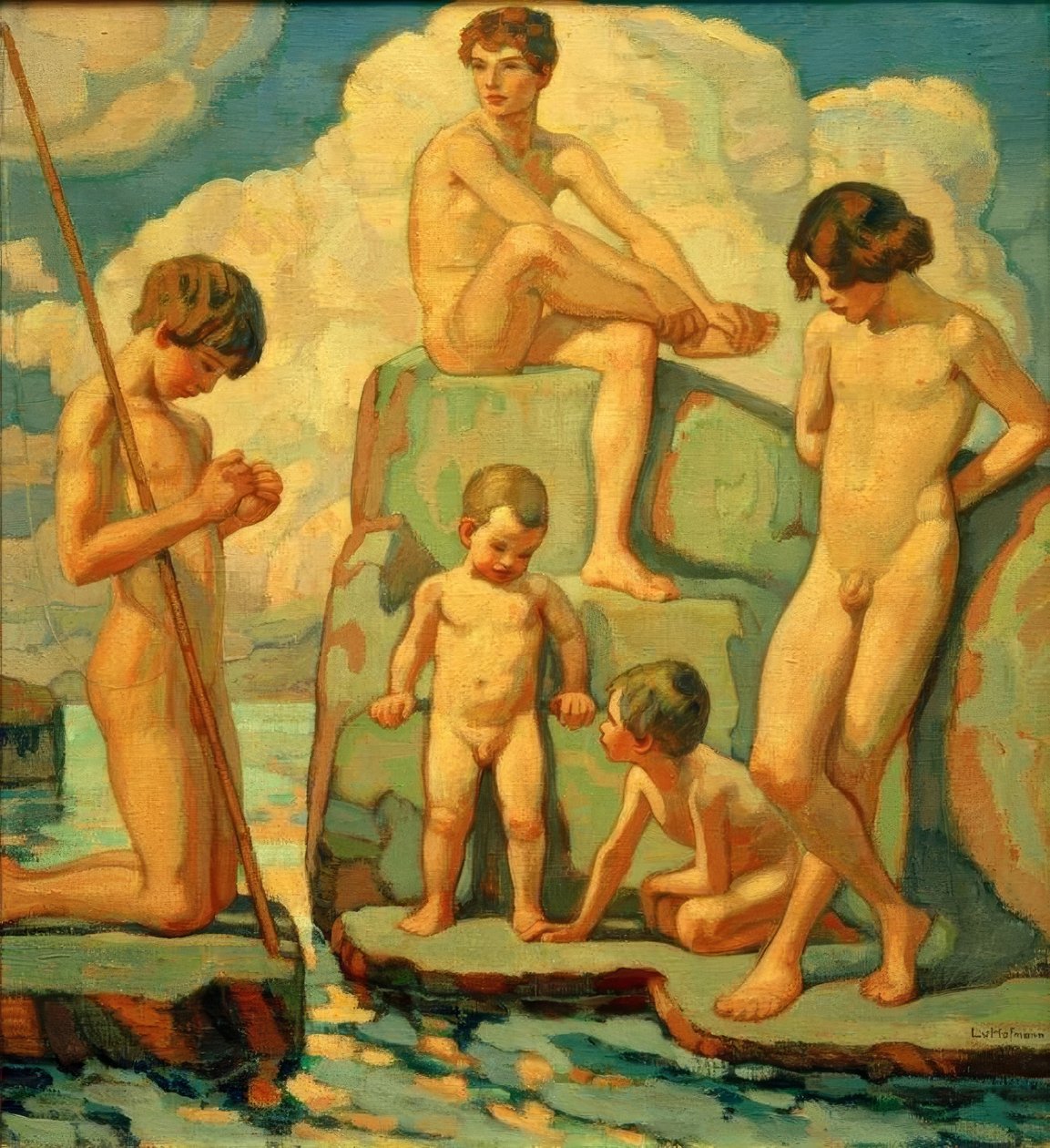 Kayaların üzerinde beş erkek by Ludwig von Hofmann
