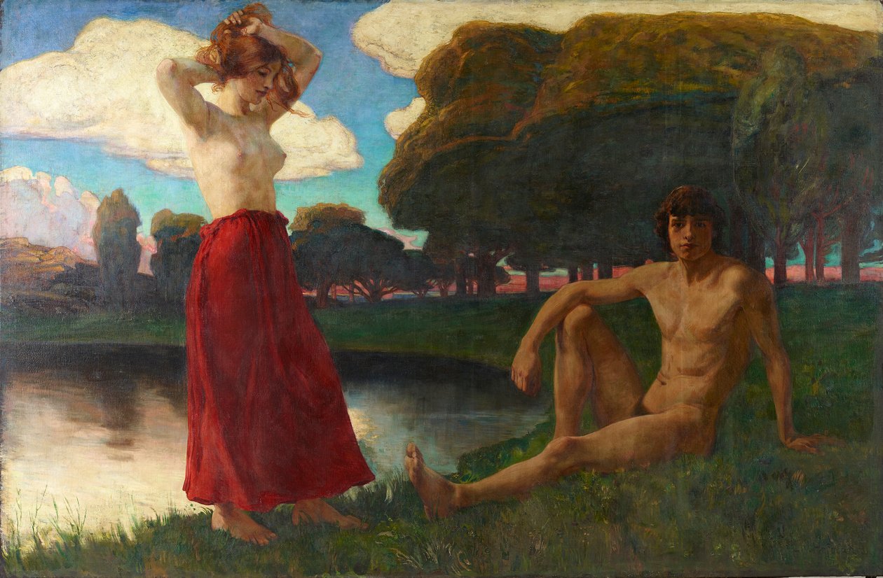 İdil (Manzarada erkek ve dişi yarı çıplak) by Ludwig von Hofmann
